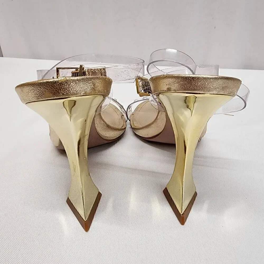 Schutz Size 5 B Glasy Gold Metallic Transparent Heel Sandals M